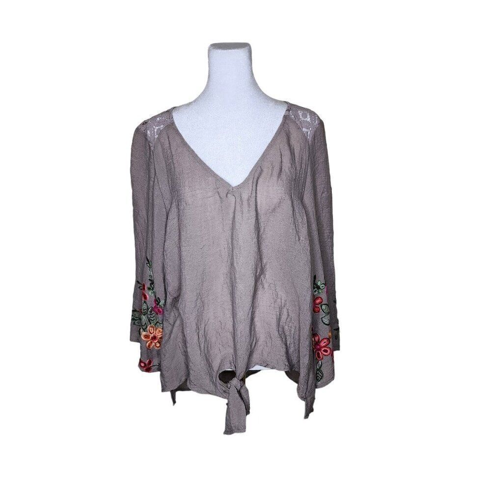 Fig and Flower Long Sleeve Waist Tie Boho Top Womens XL Brown Boho